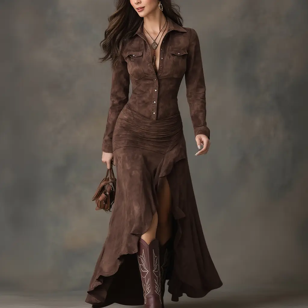 Jeann Brown Retro Ruffle Dress